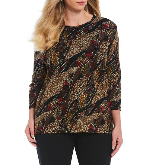Allison Daley Plus Size Natural Abstract Print Pucker Knit Top
