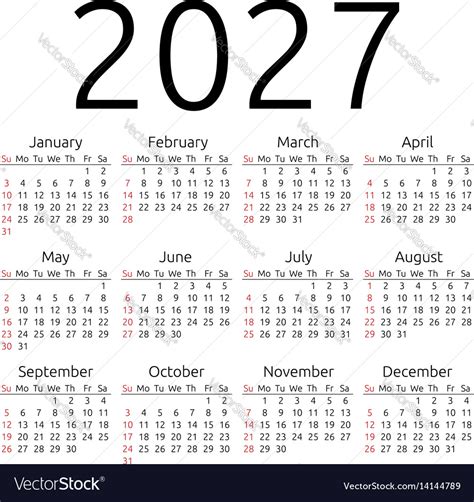 Calendar 2027 Sunday Royalty Free Vector Image