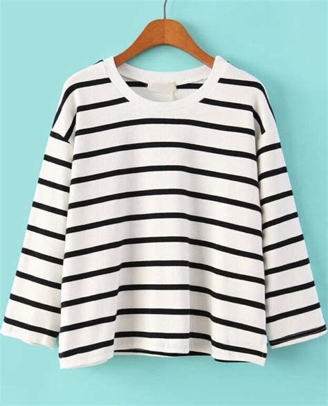 White Long Sleeve Striped Loose T Shirtfor Women Romwe