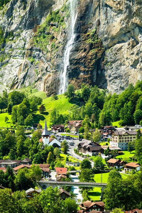 The Church And The Staubbach Falls In Lauterbrunnen Switzerland Stock