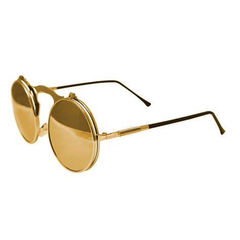 Round Bulky Metal Sunglasses Flip Up Lenses Gold Mirrored Lenses