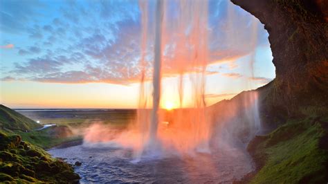 Waterfall With Blue Sky And Clouds Background During Sunset Hd Nature