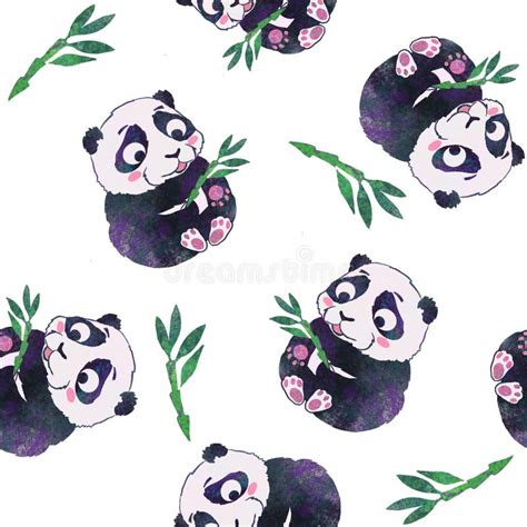Seamless Pattern With Cute Baby Panda And Bamboo Branch Stock