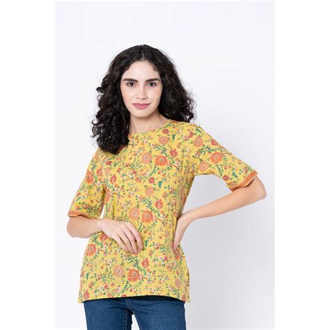 mode by redtape women s mustard yellow floral print blouse top mhb0069