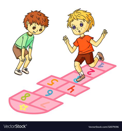 Little Boys Playing Jumping On Drawing Hopscotch Vector Image