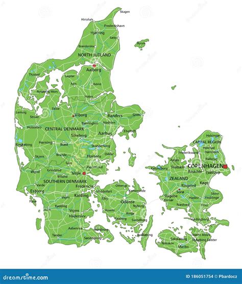 High Detailed Denmark Physical Map With Labeling Stock Vector