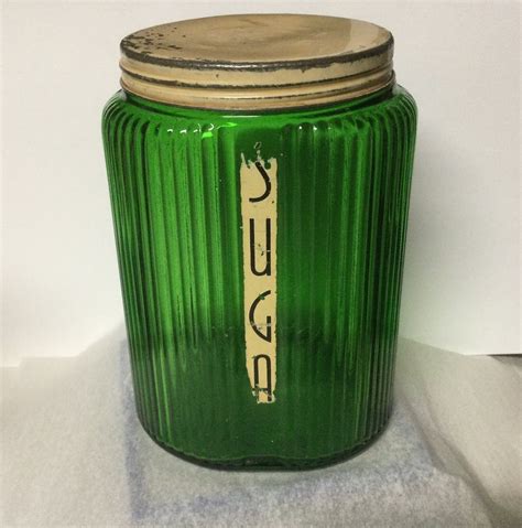 Vintage 1930s1940s Owens Illinois Original Emerald Green Ribbed Glass Sugar Canisterjar Cream