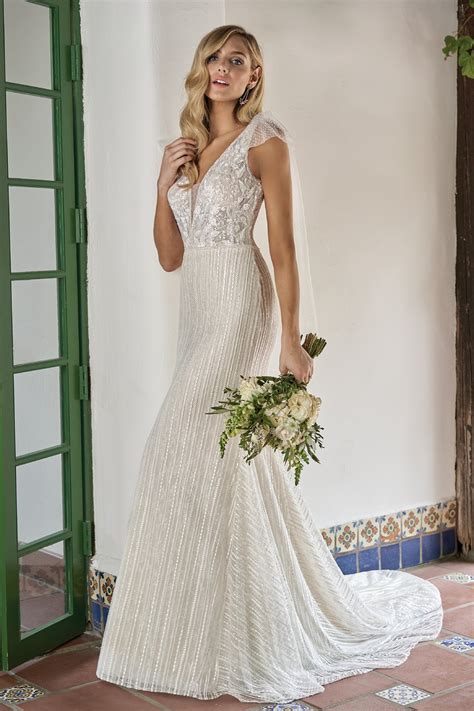 F211018 Romantic Embroidered Lace And Sequin Wedding Dress With V Neckline