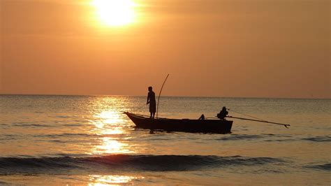 Boat Fisherman Fishing Nature Ocean Sea Silhouette Sky Sunrise
