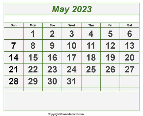 May Calendar 2023 With Notes Calendar Next