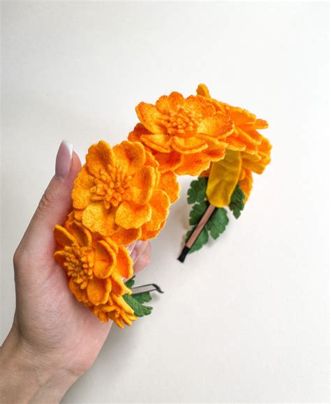 Marigold Felt Flower Crown Headband Adult Orange Marigold Etsy