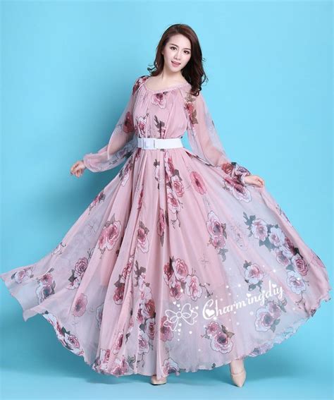 110 Colors Chiffon Pink Floral Flowber Autumn Long Sleeve Etsy Evening Dresses For Weddings
