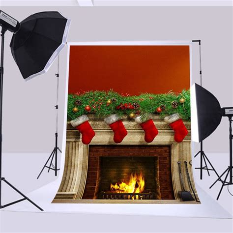 Hellodecor Polyester Fabric 5x7ft Christmas Backdrops Pine Fireplace