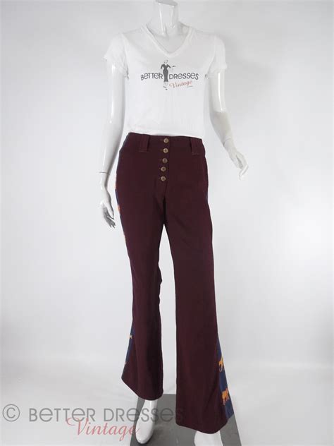 Vintage High Waist Trousers In Burgundy With Embroidered Animals Sm