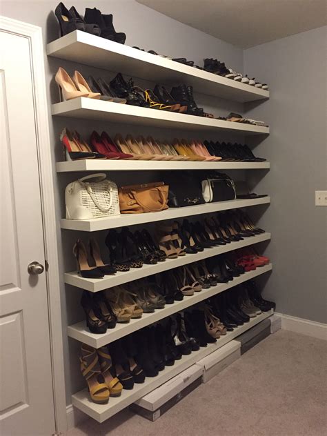 Best of all, this rack fits perfectly in the back corner of any closet which helps keep the clutter out of sight. New shoe shelves installed and walls painted grey #DIY ...