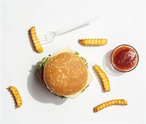 Flat Lay Burger With Fries Ketchup High Quality Beautiful Photo