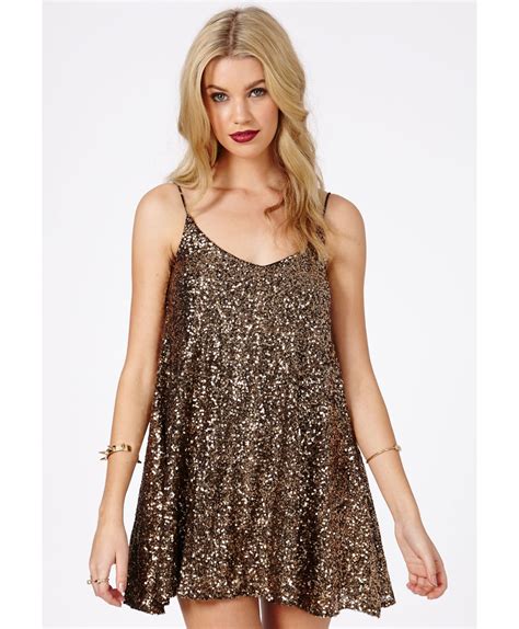 Missguided Kira Strappy Sequin Swing Dress In Antique Gold In Gold Lyst