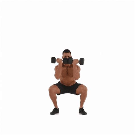 A Man Is Squatting While Holding Two Dumbbells In Front Of His Face