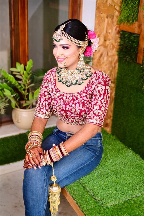 Photo Of Cute Bride In Jeans And Red Lehenga Atelier Yuwa Ciao Jp