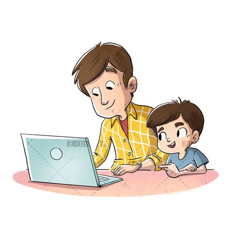 Father And Son With Computer Padre E Hijo Niños Dibujos Animados