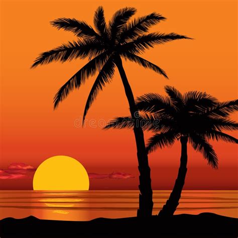 Sunset View In Beach With Palm Tree Silhouette Stock Vector