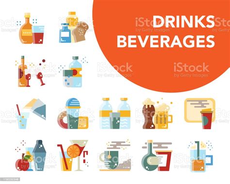 Drinks And Beverages Flat Design Icon Vector Set Stock Illustration
