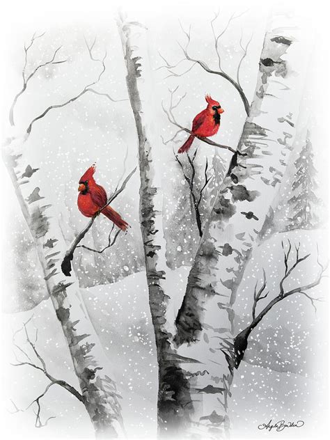 Winter Birch Trees With Cardinals Painting By Angela Bawden Fine Art
