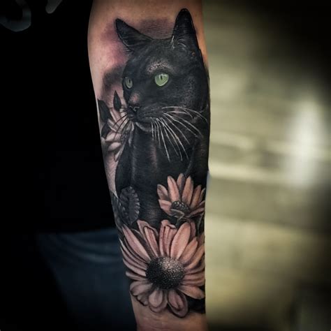 Dannytattooerblack Cat And Flower Realistic Tattoo Black And Grey