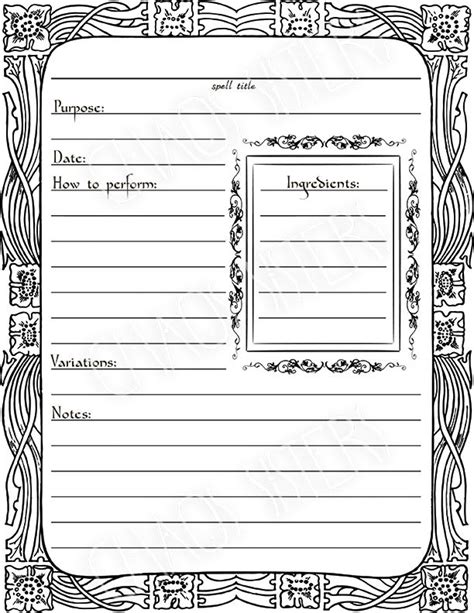 printable book of shadows spell template page digital download spell card magic witchcraft