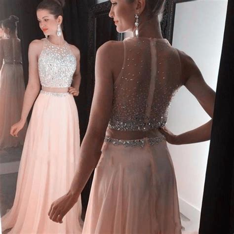 2017 New Custom Made Blush Pink Crop Top Dress Prom Gown Two Piece Silver Crystal Sheer Back