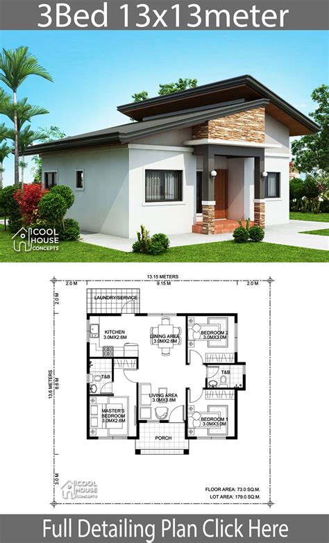 Home Design Plan 13x13m With 3 Bedroomshouse Descriptionone Car