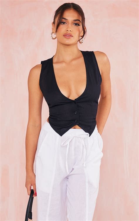 Black Cotton Fitted Waistcoat Tops Prettylittlething Ie