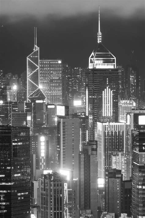 Night Scenery Of High Rise Buildings In Downtown Of Hong Kong City