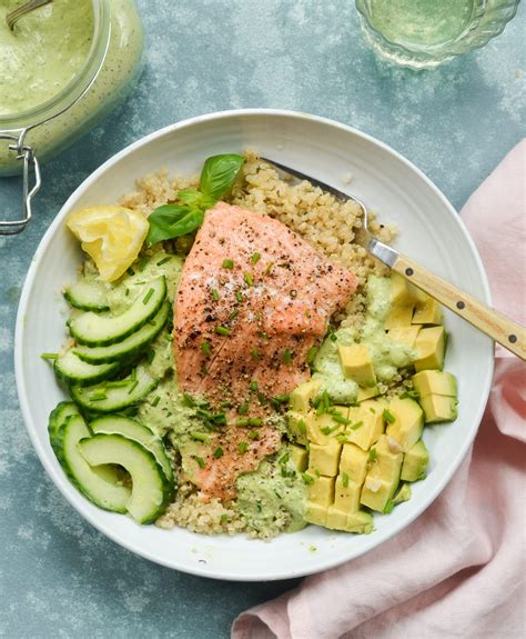 Roasted Salmon Quinoa Bowls With Avocado Cucumber And Green Goddess