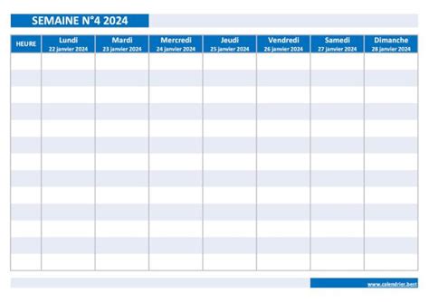 Semaine 4 2024 Dates Calendrier Et Planning Hebdomadaire à Imprimer