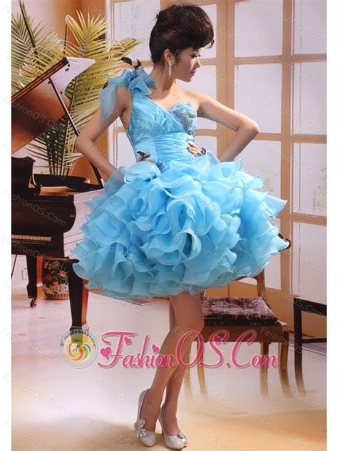 One Shoulder Baby Blue A Line Mini Length Prom Gowns With Organza