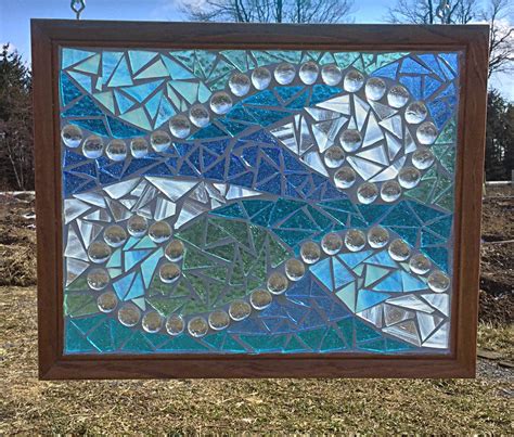 Blue Stained Glass Ocean Wave Mosaic Panel Ocean Glass Artwork Home Decor Window Hanging