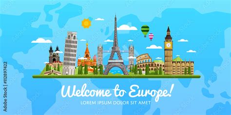 Welcome To Europe Travel On The World Concept Traveling Flat Vector
