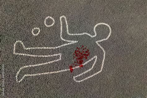 Man Silhouette Shape Outline Of Dead Body Marked On Road By Chalk With