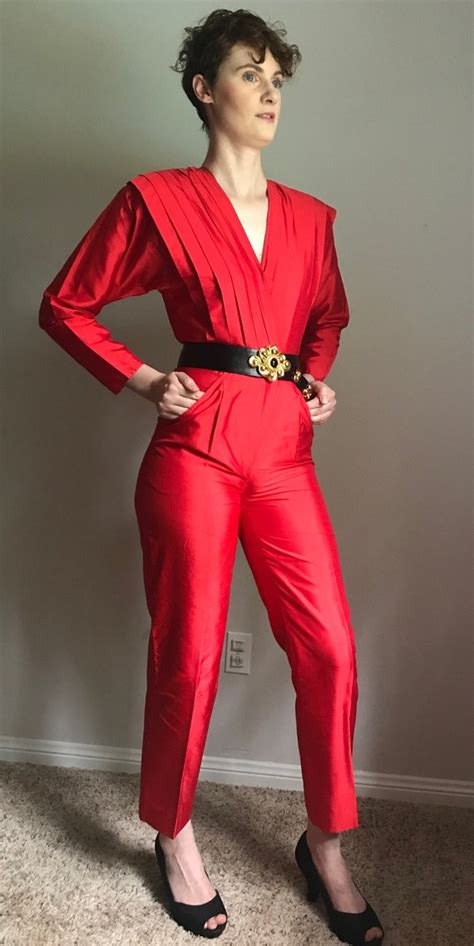 Red Silk Jumpsuit Romper With Pleating And Shoulder Pads 80s Etsy