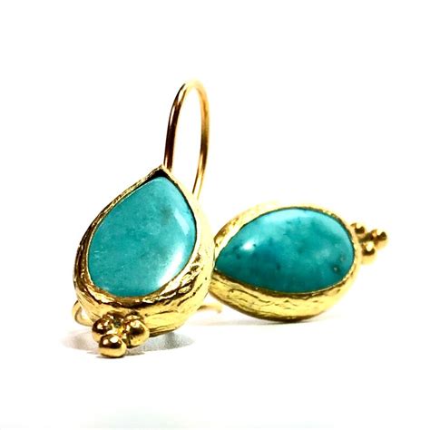 Turquoise Silver Drop Earrings With Three Dots Coated In 18 Etsy