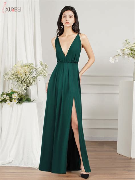 Summer Chiffon Green Bridesmaid Dress Long Sexy V Neck High Slit Bandage Maxi Maid Of Honor
