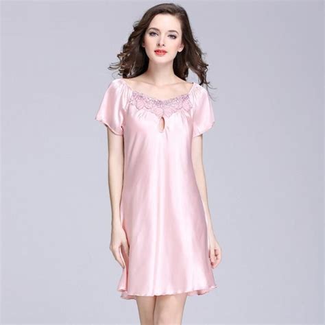 Women Knee Length Silk Night Gown With Lace Trimming Silk Night Dress