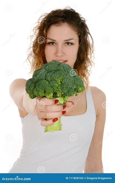 Young Curly Hair Woman Holding Broccoli Offering Broccoli Stock Image