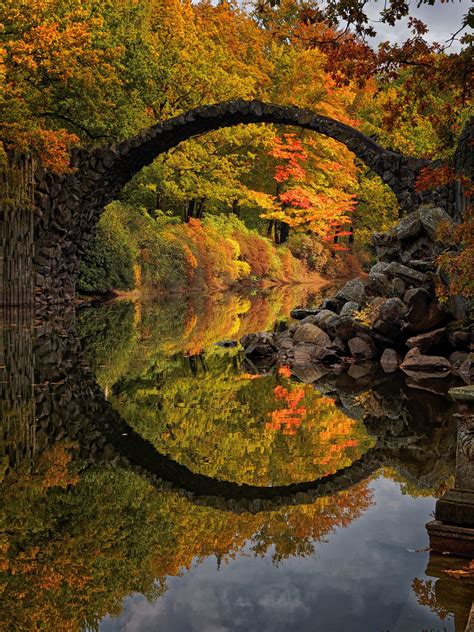 Bridge River Reflection Landscape Fall Colorful Germany