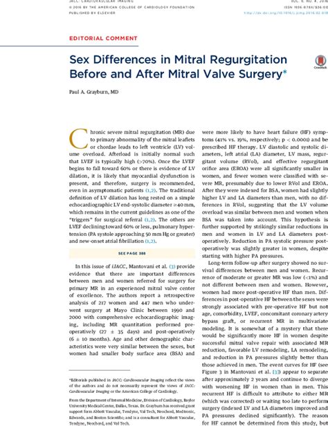 Sex Differences In Mitral Regurgitation Before And After Mitral Valve