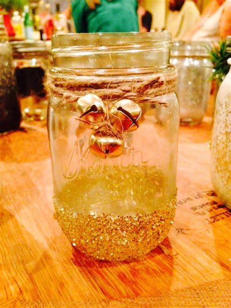 Bottom Of Mason Jar Dipped In Glitter With Twine And Bells Mason Jars