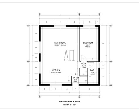 30x30 House Plan Small Home Plan 1 Bedroom 1 Bath Floor Plan Tiny
