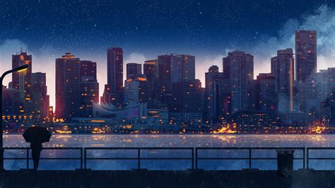Anime Scenery City Buildings Silhouette 8k 177