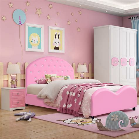 Massi twin canopy bed powder pink. Costway Kids Children PU Upholstered Platform Wooden ...